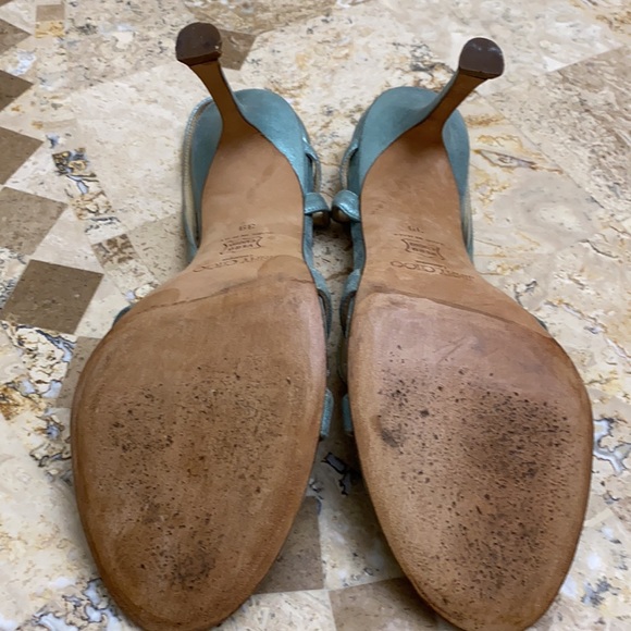 Jimmy Choo 4” dressy sandals, light teal metallic leather. - Picture 3 of 3